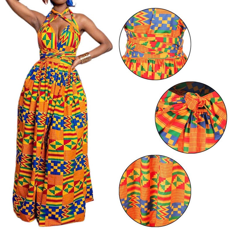 Vimoisa Women Sexy Boho African Long Maxi Dress V-Neck Multi-Way Pleated Floral Print Dresses - Image 2